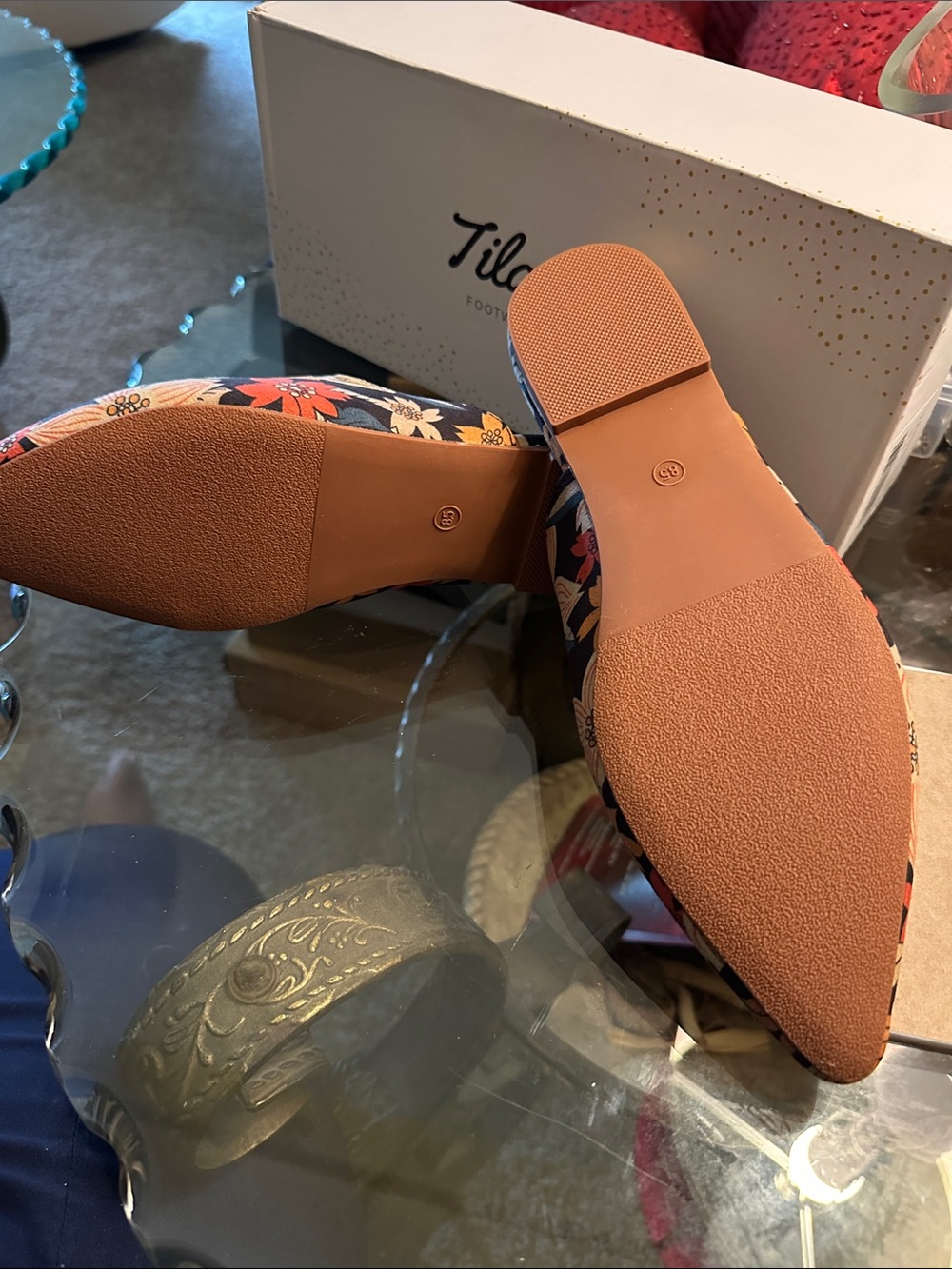 Floral Pointed-Toe Slip-On Mules in Navy and Orange - Picture 5 of 5